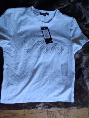 PLAYBOY White Short Sleeve Rhinestone Logo Tee